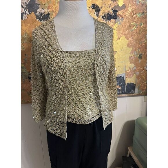 Carmen Marc Valvo Collection Women XL Dressy Twin Set Top Gold Sequins Textured - Picture 1 of 13